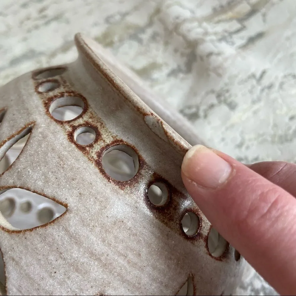Vintage Hand glazed Pottery Signed Floral Cutout